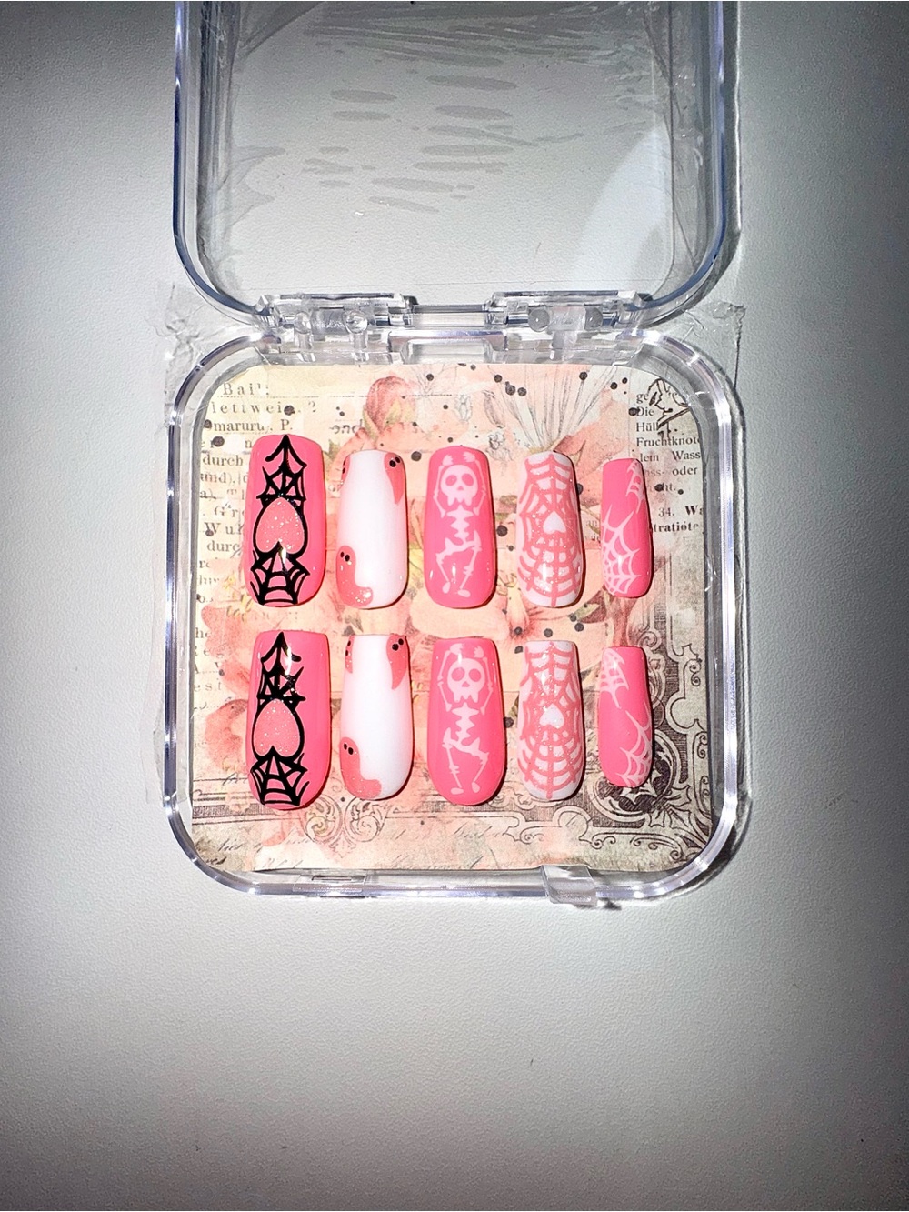 Halloween Pink Press-On Nail Set with Spiderweb & Skull Art